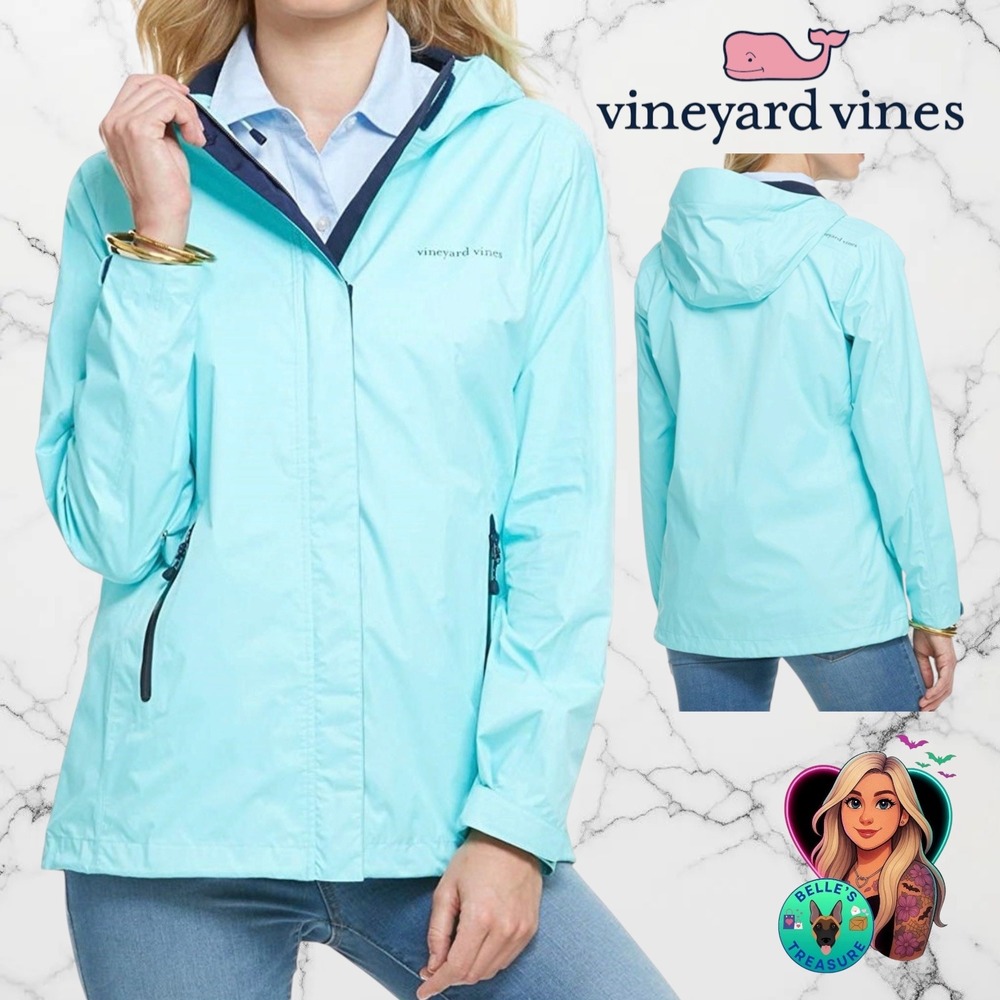 Vineyard Vines Womens Small Crystal Blue Hooded Rain Jacket Stow & Go Rain Coat